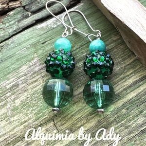 Amazonite & Green Statement Earrings with Rhinestone Bead — Contrahechos